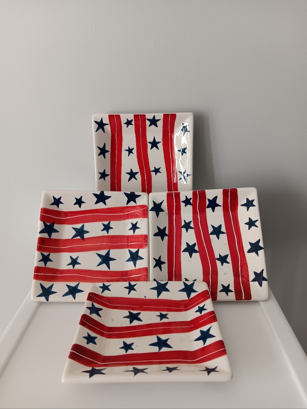 Nantucket American Flag Square 6" Ceramic Plates Set of 4 Stars Stripes Blue Red
